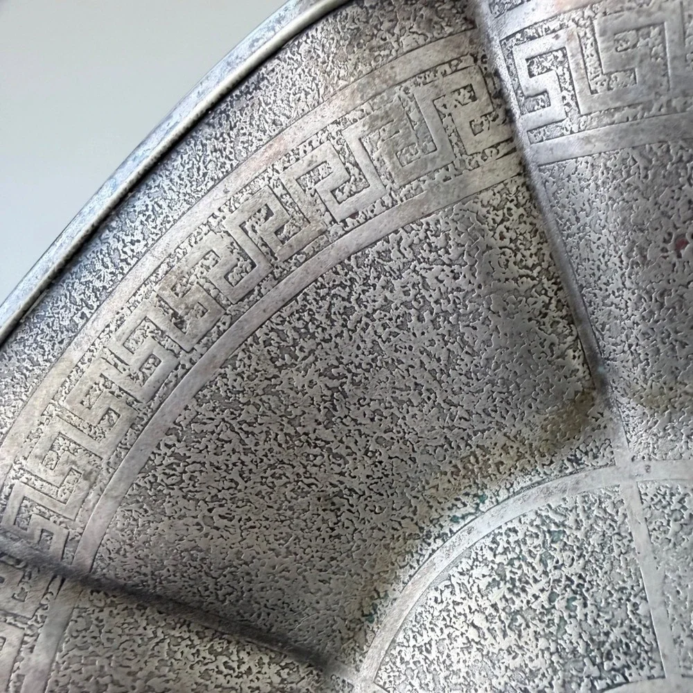 Vintage Homan Plate Hellenik Nickel Silver Bowl‎ Greek Key Hammered Textured 10